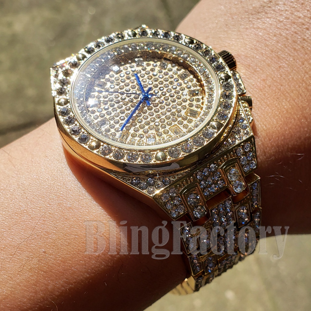 Hip Hop Gold Pt Metal Band Shiny Bling Watch